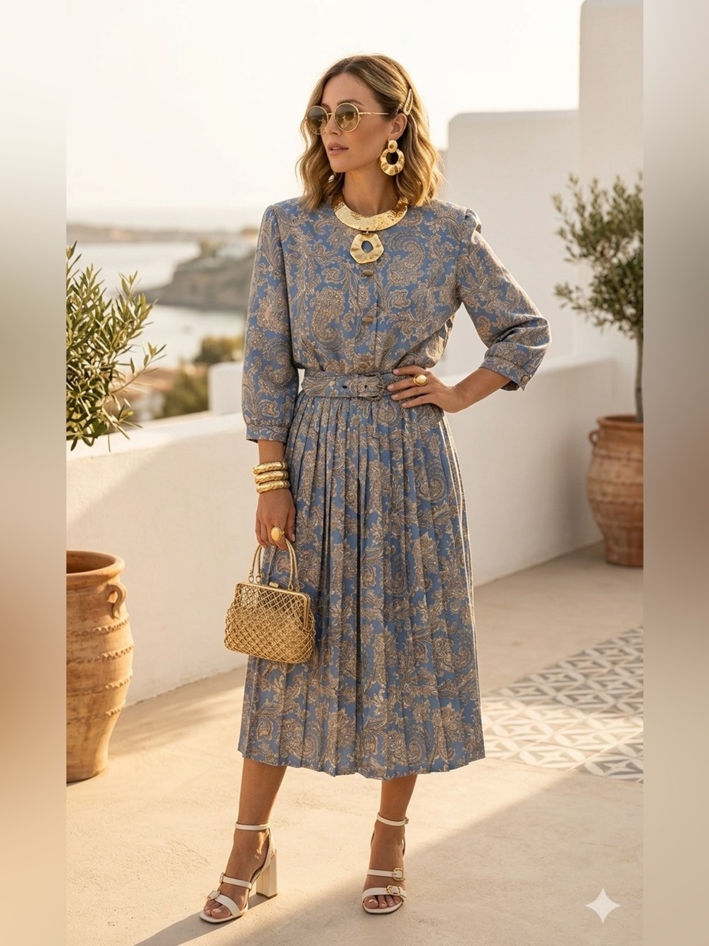Vintage Breli Originals Paisley Pleated Midi Dress 10 Blue Cottagecore 80s USA